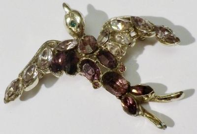Retro Brosche Vintage Schmuck Vogel silberfarben Kristall Diamant Amethyst *3728