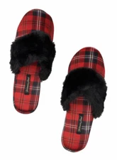 VICTORIA'S SECRET BLACK RED PLAID FUZZY COZY SATIN SLIPPERS MEDIUM 7 8 POUCH