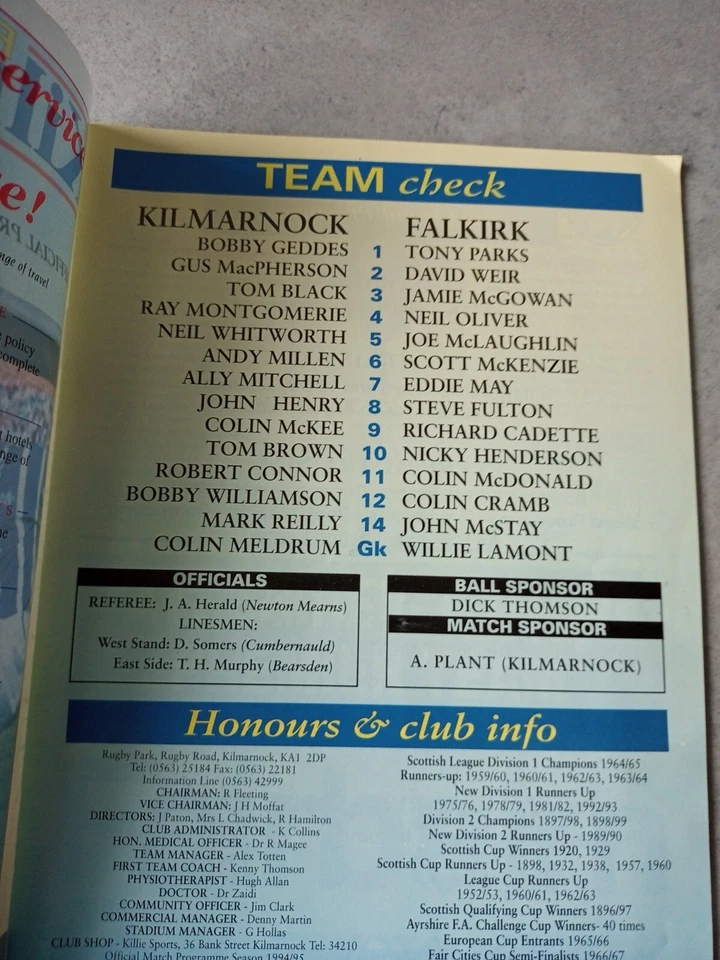 Kilmarnock v Falkirk Scottish Football Programme 1994 - Image 3 of 4