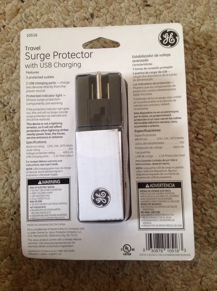New GE 10516 3 Outlet Travel Surge Protector 350 Joules with USB ports - Image 2 of 3