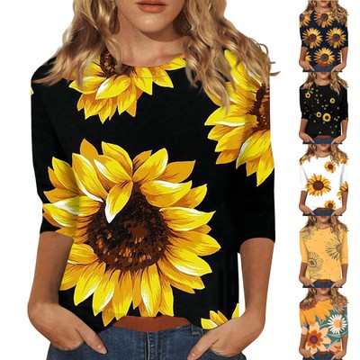 Womens 3/4 Sleeve Shirts Round Neck Loose Casual Blouse Sunflower Print T-shirts