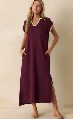 Entro Women's Maxi Polo Dress Plum Contrast Stitch  Size Large Beautiful!