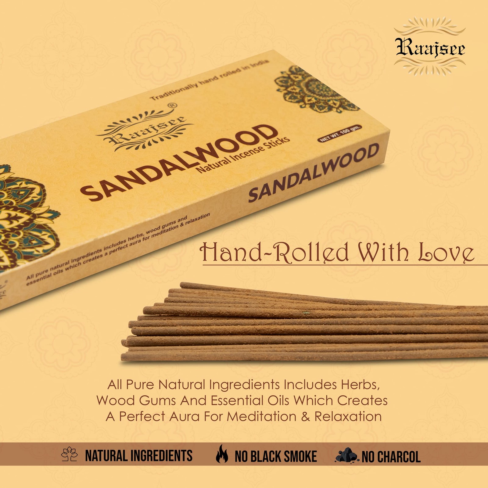 Sandalwood Incense Sticks 100 Gm Pack-100% Pure Organic Natural Hand Rolled f...