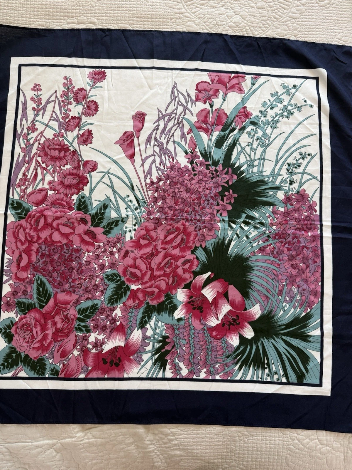 Vintage Boho Floral Blue Silk Scarf Cottage Core Y2K Head Neck Purse Scarf✨