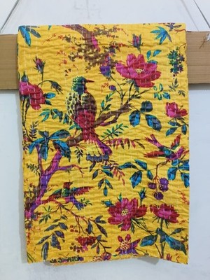 Yellow Bird Queen Bed Cotton Vintage Kantha Bedspread Boho Quilt Handmade throw.