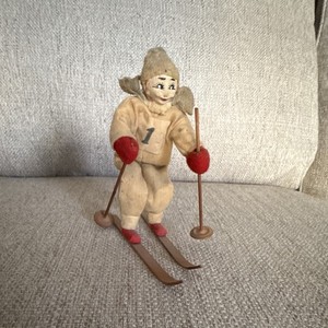 Vintage Skier Figurine Cloth Doll, Wooden Skis & Poles, Beige/Red/Brown/Gray