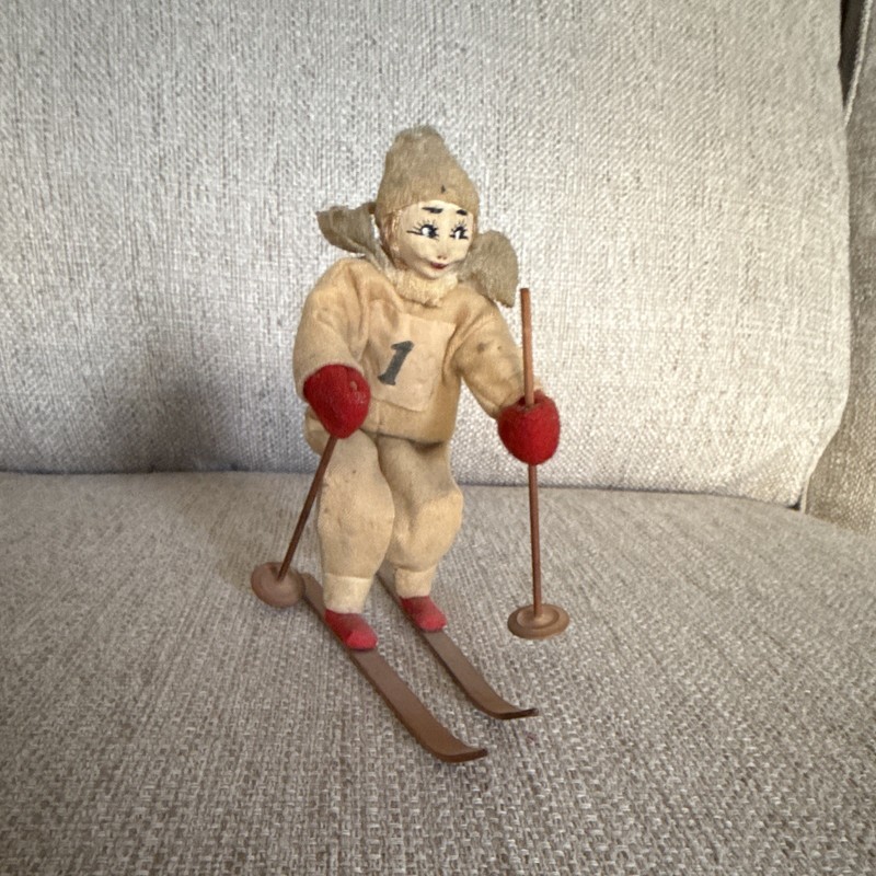 Vintage Skier Figurine Cloth Doll, Wooden Skis & Poles, Beige/Red/Brown/Gray