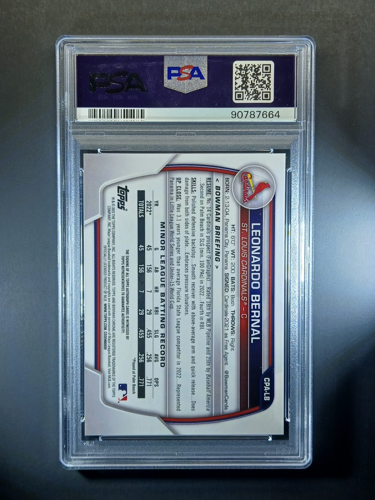 Leonardo Bernal Auto /50 PSA 10 2023 Bowman Chrome 1st Gold Shimmer Prospect view 2