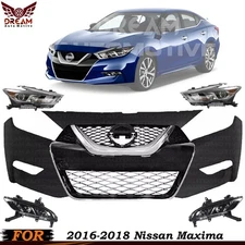 Front Bumper Cover Headlight Pair& Grille Assembly For 2016 - 2018 Nissan Maxima