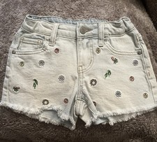 Girls Denim Jean Shorts Embroiered Summer Happy Beach Themed Designs, Size 8/M