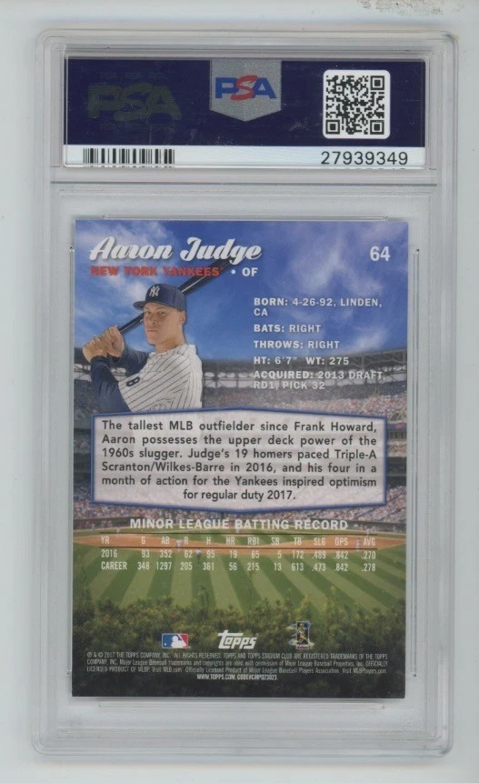 2017 Stadium Club #64 Aaron Judge Rookie RC PSA 10 Yankees MVP - Image 2 of 2