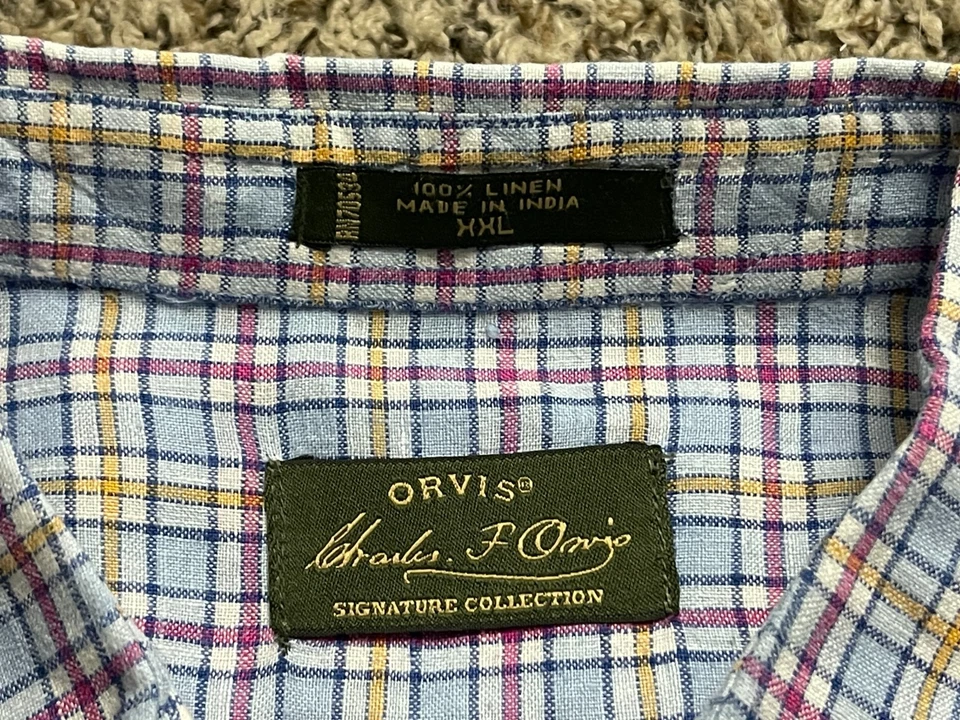 Orvis Shirt Mens XXL Blue Plaid 100% Linen Short Sleeve Casual - Image 2 of 4
