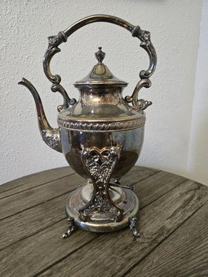 Vintage FB Rogers Silverplate Tilting Teapot W/Burner On Stand Ornate Victorian