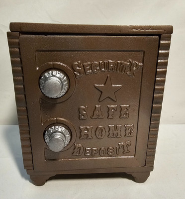 ANTIQUE SECURITY SAFE HOME DEPOSIT CAST IRON COIN BANK W/DOUBLE COMBINATION LOCK