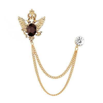 Vintage Crown Gemstone Long Chain Brooch Pin,Animal Double Headed Eagle Tas - 02