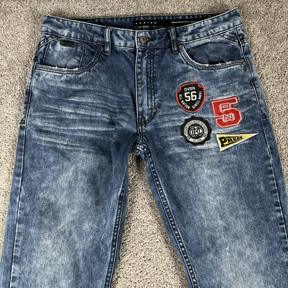 Parish Nation Jeans Mens 34x32 Blue Whiskered Faded Denim Tapered Leg Streetwear - Image 3 of 4