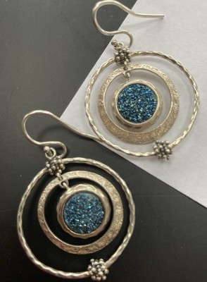 Michael Dawkins Sterling Silber Blau Druzy Quarz Ohrringe Big Orbit Creolen