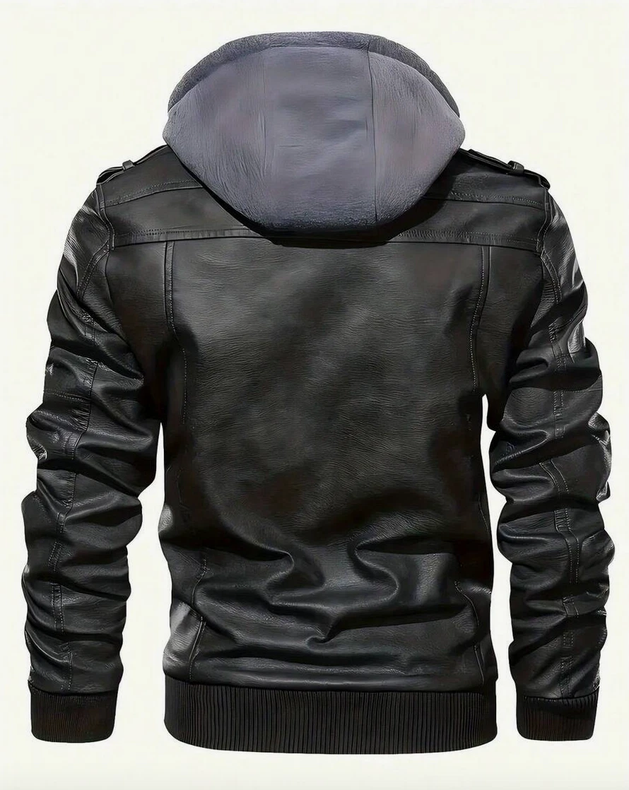 Men's Collar PU Faux Leather Bomber Jacket Zip-Up With Removable Hood - product detail image 2