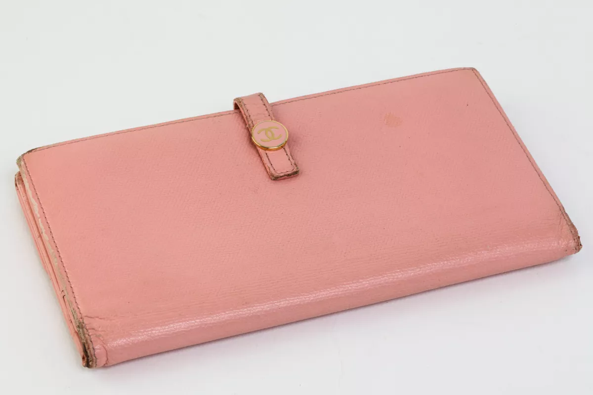 Authentic CHANEL CC Logos button Bifold Long Wallet Pink #3848