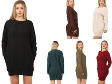 Image of Women Chunky Cable Knit Sweater Dress Crew Neck Long Sleeve Bodycon Party Dress
