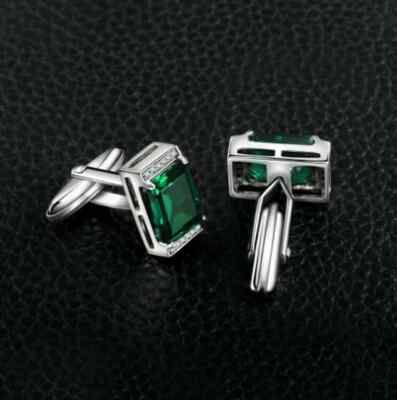 4CT Emerald Cut Lab Created Emerald Men's Fancy Cufflinks 14K White Gold Finish