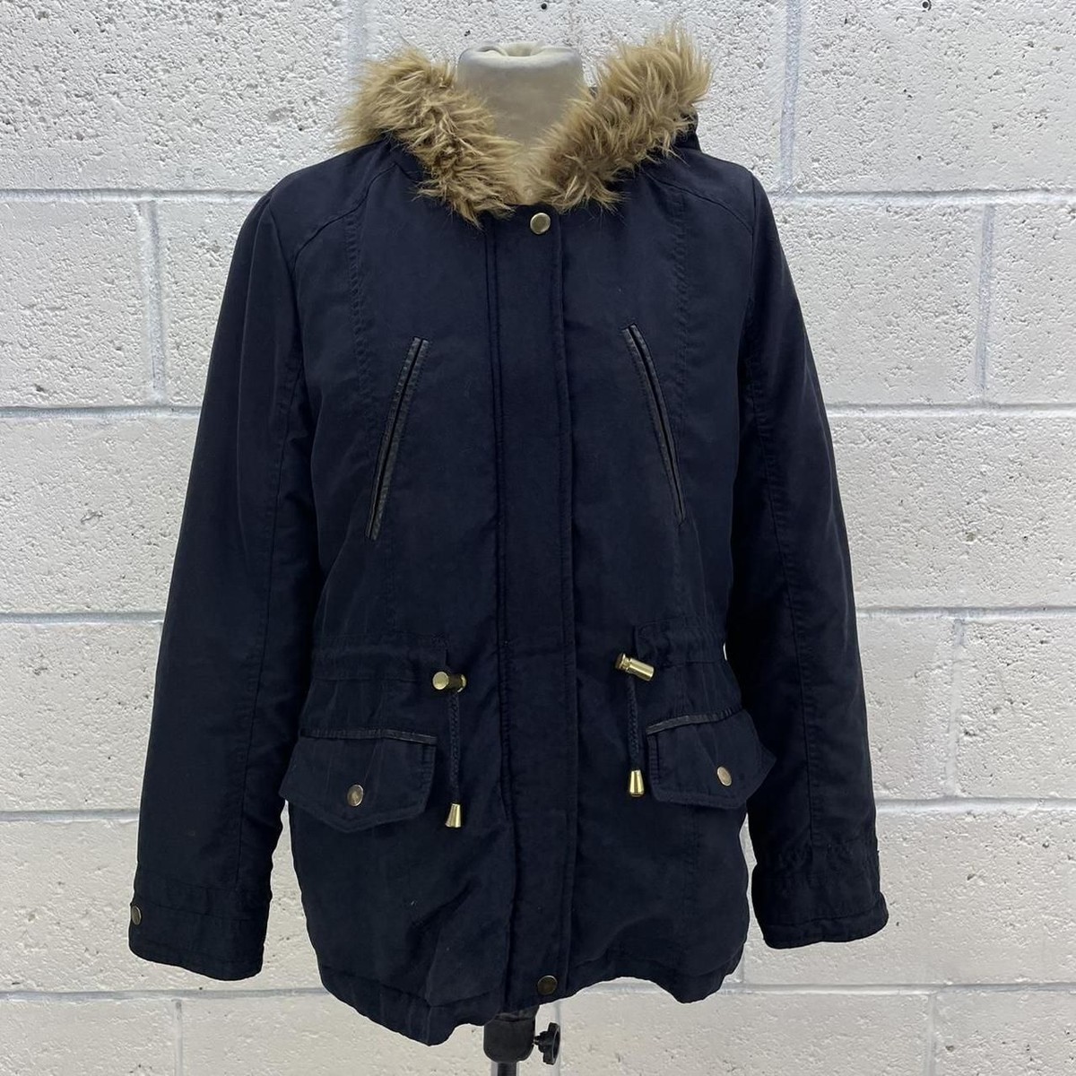 DOROTHY PERKINS NAVY PUFFER COAT PADDED JACKET FAUX FUR HOOD Y2K THICK UK 12