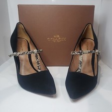 Coach Women's Size 8M Fulton Black Suede Snakeskin T-Strap Stiletto Pumps