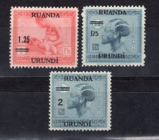 BELGIUM COLONY RUANDA URUNDI 1929-1931 PICTORIAL OVPTS SCOTT 34-36 PERFECT MNH