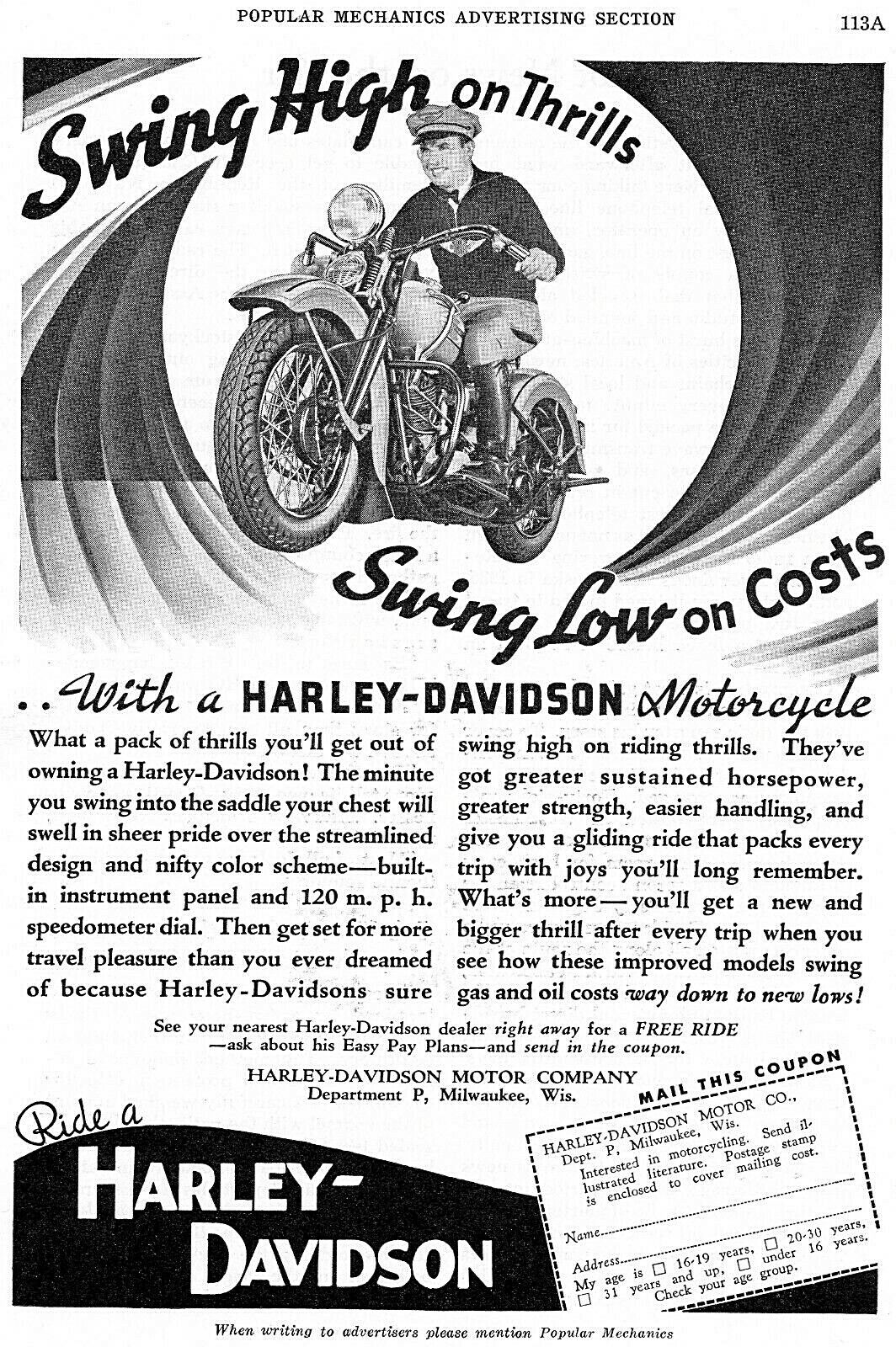 1940 Harley Davidson motorcycle cop photo vintage trade print ad