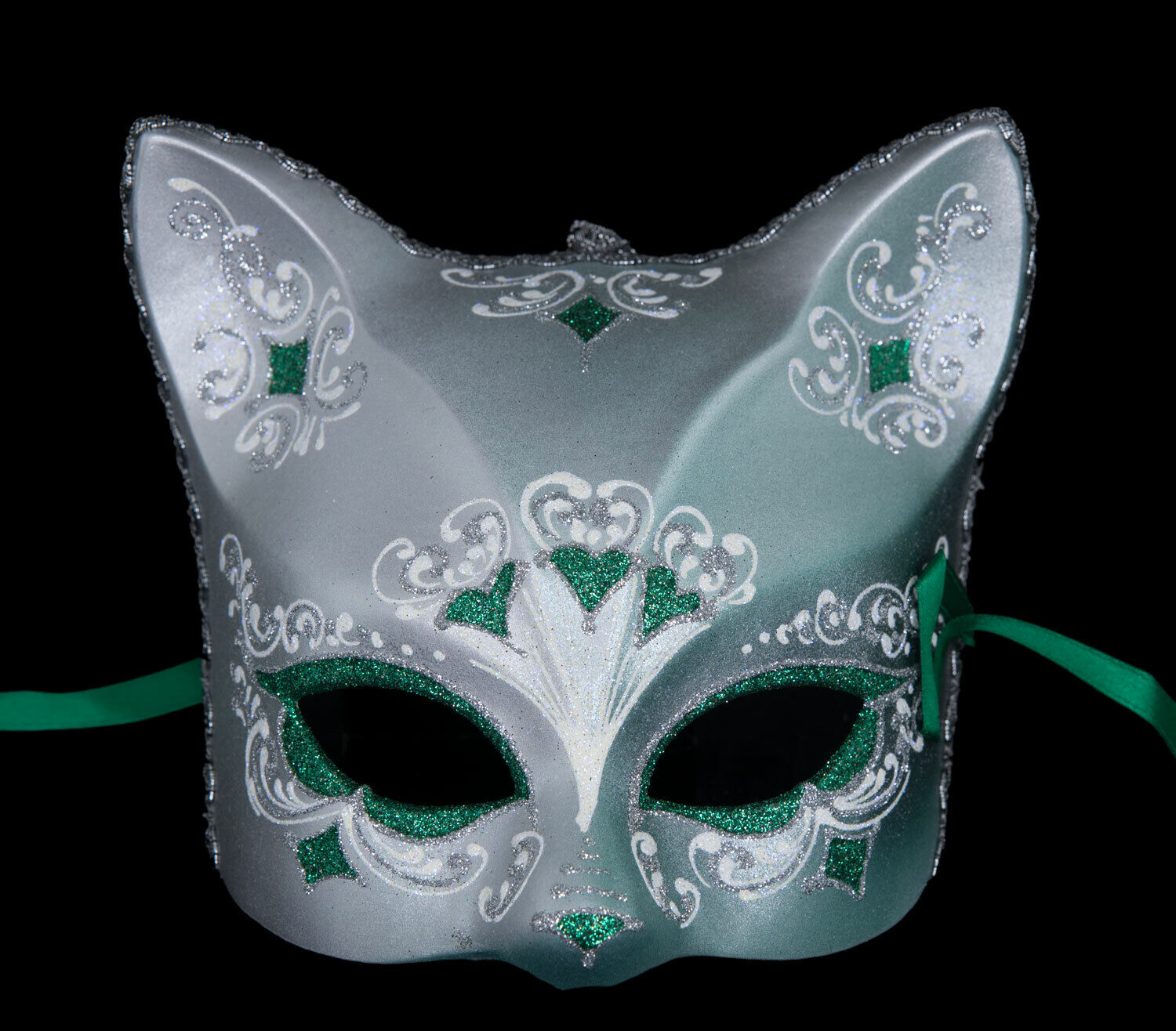 Mask from Venice Cat Silver Florale Heart Green Painted Handmade Italy 22640