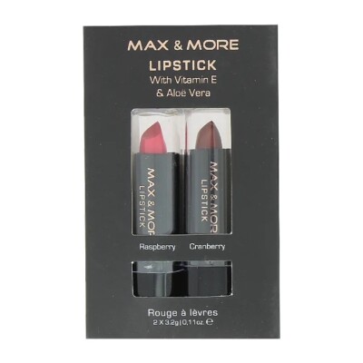 Max & More Lippenstift mit Vitamin E & Aloe Vera 2er Pack - Himbeere und Cranberry