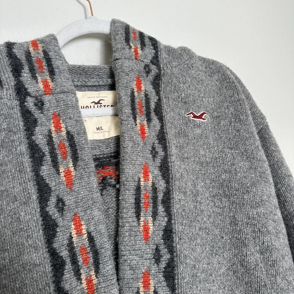 Hollister Lamb Wool California Bear Long Open Cardigan Sweater M/L Hooded Aztec - Image 4 of 4