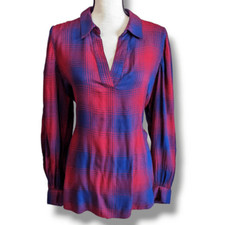 NWT Nine West Jeans Womens Blouse Long Sleeve V Neckline Burgundy Harmony Plaid