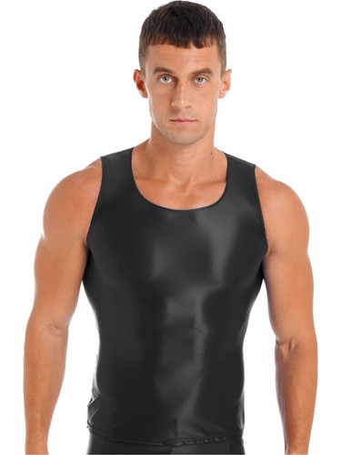 Mens Glossy Smooth Tank Top Stretchy Sleeveless Vest Yoga Gym Fitness Crop Shirt - Picture 3 of 108