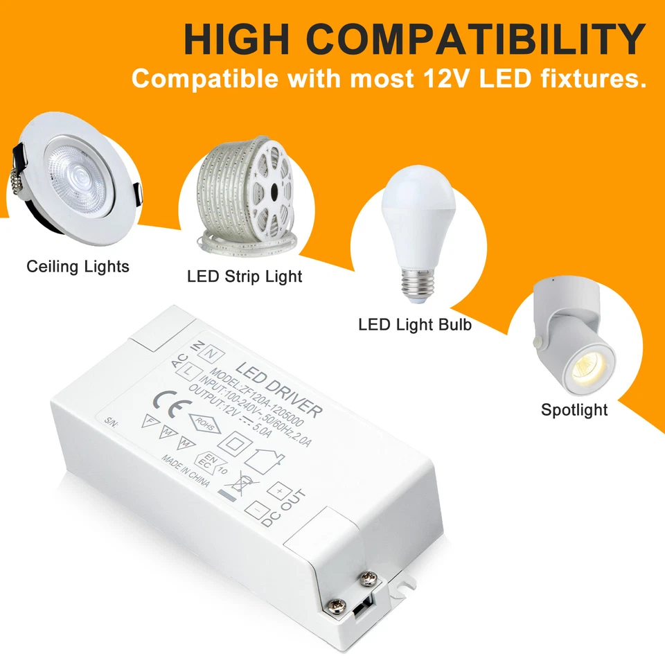 LED Driver AC 110v/240v to DC 12v Transformer Power Adapter Converter 24W US - Image 2 of 4