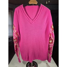 Pink Crochet Granny Square cottagecore Knit Sweater Womens Size M boho Vintage