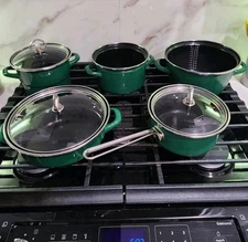Vintage CHANTAL HTF Green 8 piece Enamel Coated Steel Cookware Set with Lids