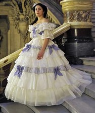 Southern Belle Civil War Style Dresses White Ruffled Gown with Purple Bows