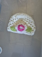 Hand Crochet Baby Hat White With Pink Flower
