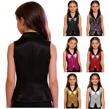 Girls Sequin Waistcoat Photo Prop Vest Satin Trim Tank Top Sparkly Tuxedo Party