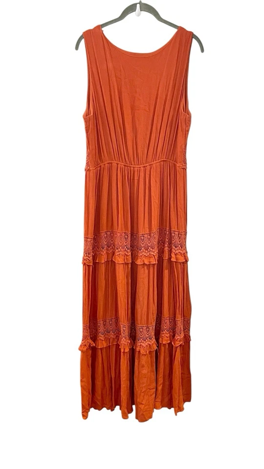 Maxi Vestido Algodón Centeno Naranja Óxido Cottage Core Niveles Floral Calado Pradera M Foto 2 de 4