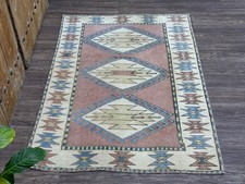 3x5 Pink Beige Blue Vintage Turkish Rug, Hand-Knotted Wool Rug, Small Oushak Rug