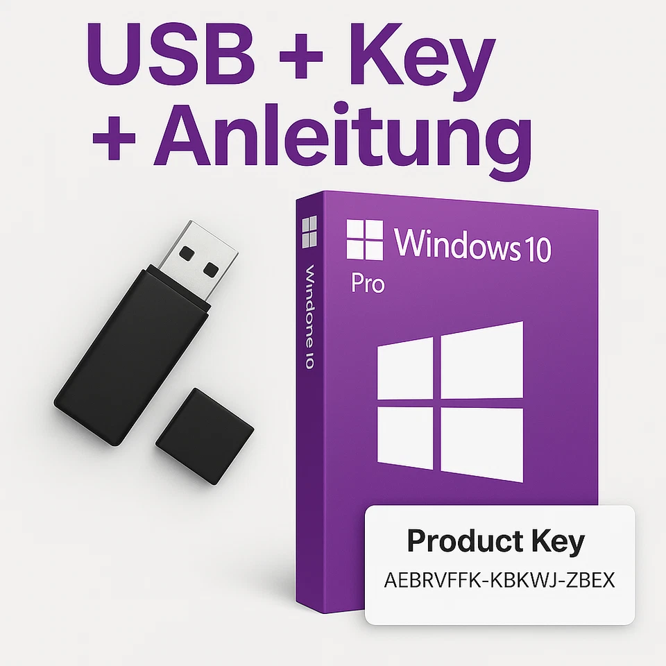 NEGMSOFT Windows 10 Pro USB Installationsstick + Retail Key 🔑 | Sofort Aktivierung | DE
