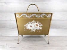 Vintage Gold Toned  Magazine Holder Rack Metal Painted Flowers Roses MCM