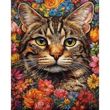 Cat Paint by Numbers for Adults - Cat Flowers Paint by Number on Canvas With