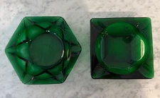 Vintage Green Glass Cigar Cigarette Ashtrays/Set Of 2/ Emerald Green Glass /MCM