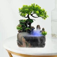 Indoor Water Fountain LED Light Tabletop Resin Rockery Fengshui Waterfall Decor