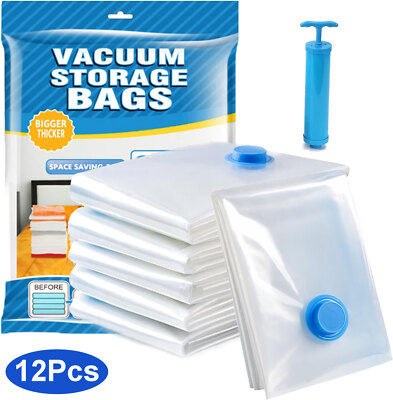 #ad 12Pcs Vacuum Storage Bags 2 Jumbo 5 Large 5 Medium Space SaverHand Pump $18.98