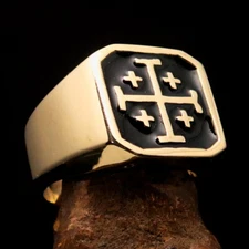 BRASS MEN'S FIVE FOLD CROSS RING KINGDOM OF JERUSALEM RING BLACK SIZE 8