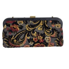 Vintage 60s Verdi Tapestry Carpet Bag Clutch Black 3D Embroidered Floral Framed